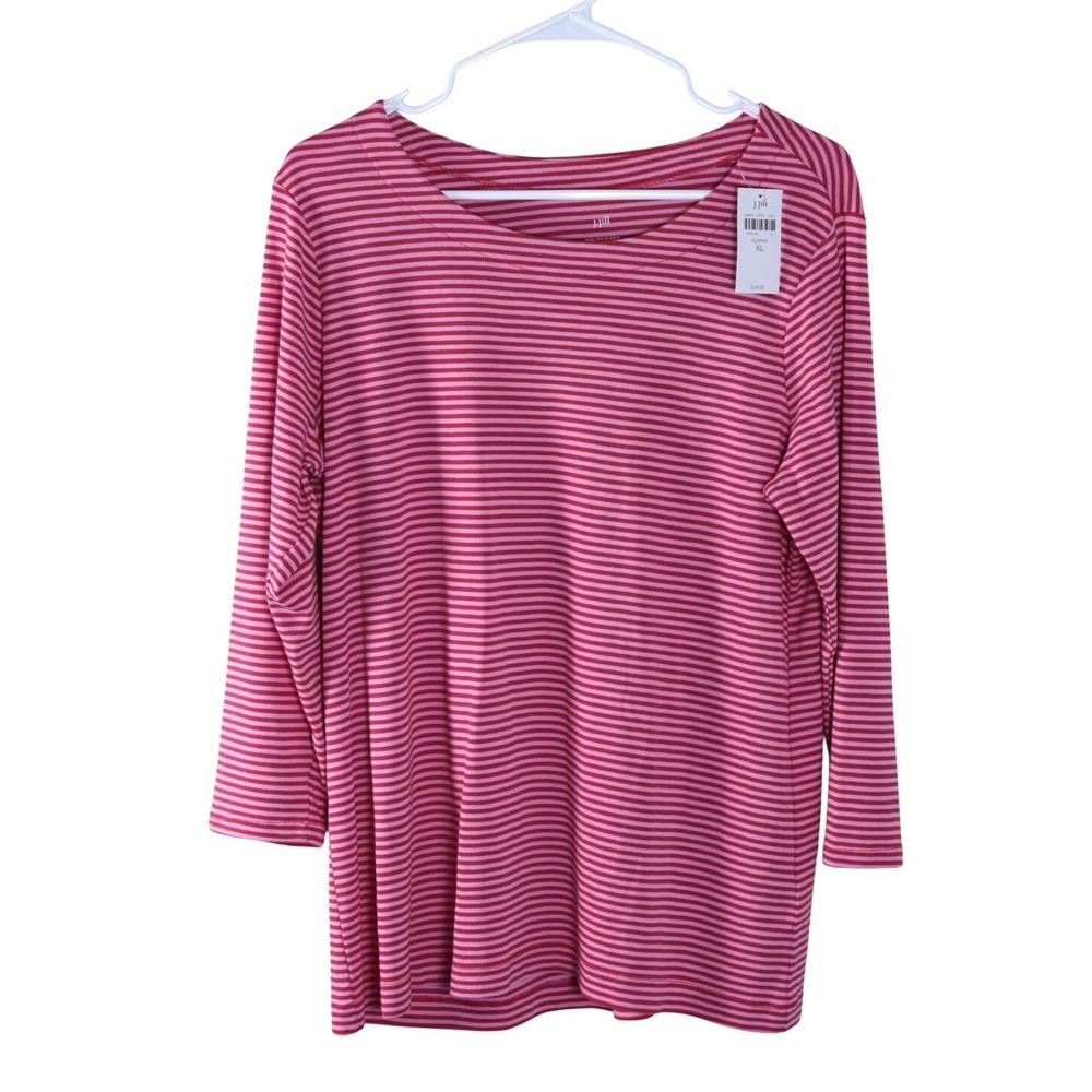 J. Jill Pima Cotton 3/4-Sleeve Scoop-Neck Tee Red Pink Striped XL NWTs